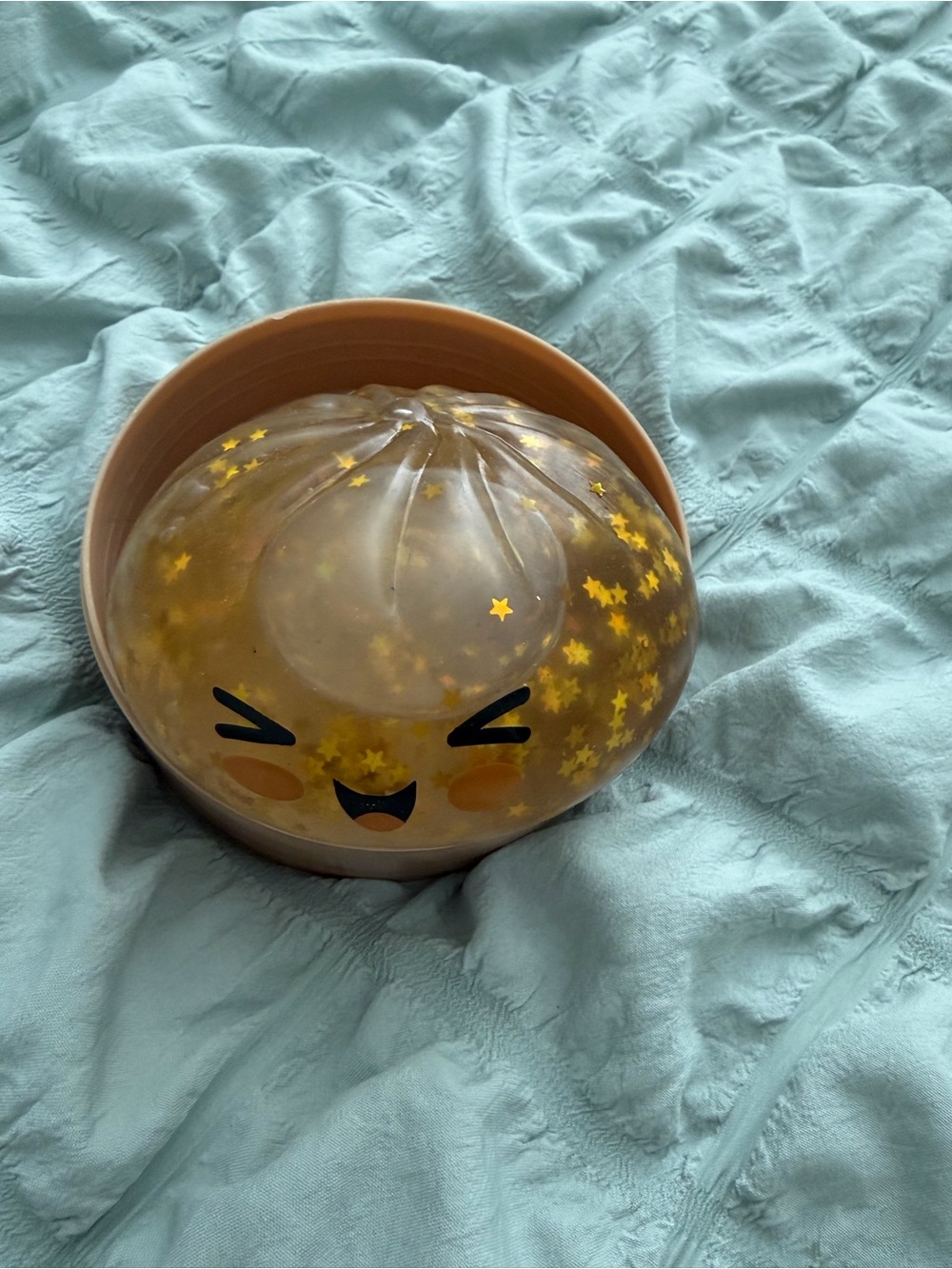 Yellow Star Glitter Dumpling Squishy Stress Ball Plush with Steamer Container